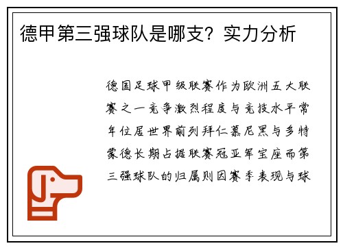 德甲第三强球队是哪支？实力分析
